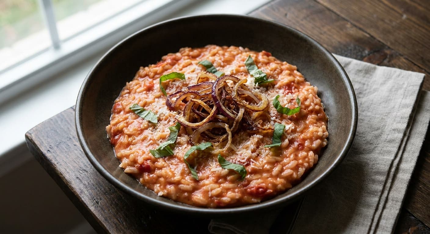 Tomato Risotto with Frizzled Red Onions